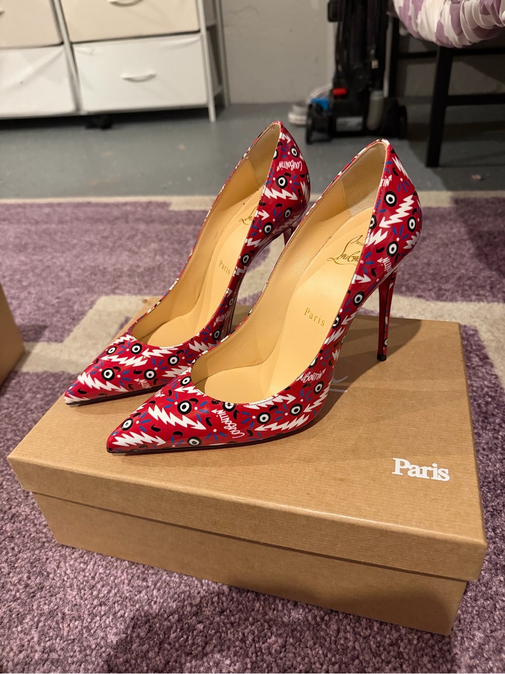 Christian Louboutin Red Graphic Pointed-Toe Patent Stiletto Pumps